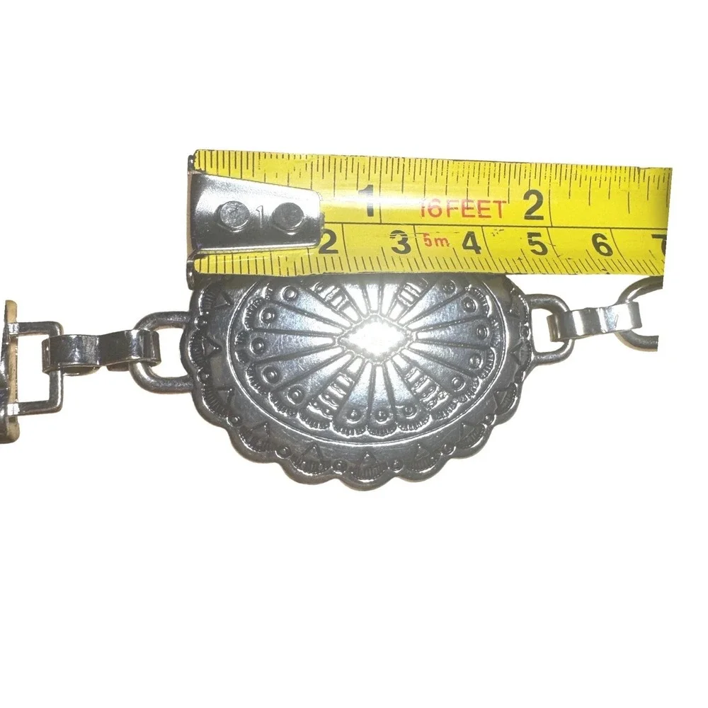 Womens Western Silver Tone Metal Conchos Black Cord Adjustable Chain Belt EUC